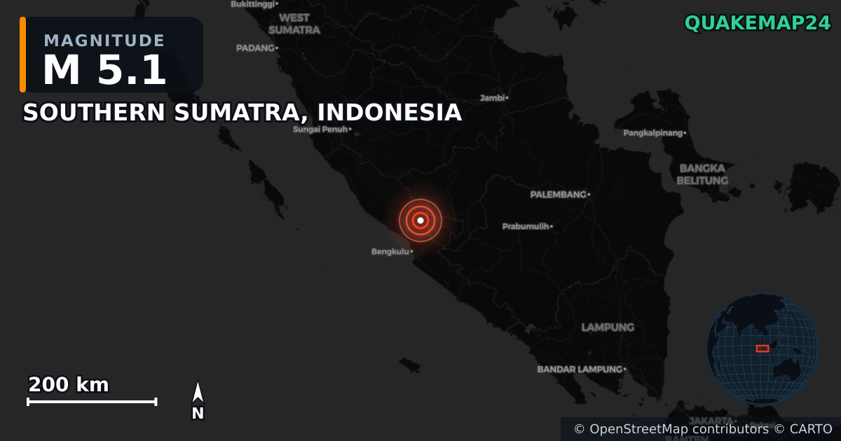 Erdbeben M5,1 bei SOUTHERN SUMATRA, INDONESIA — Karte der Lage des Epizentrums