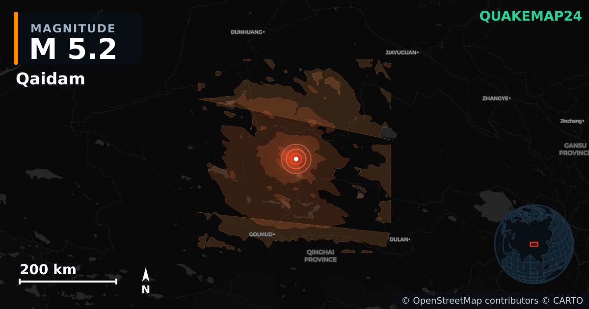 M5.2 earthquake near Qaidam on Jun 30, 2026 — map of epicenter and shaking intensity | QuakeMap24