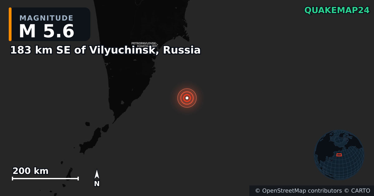 M5.6 earthquake near 183 km SE of Vilyuchinsk, Russia on Jul 30, 2025 — map of epicenter and shaking intensity | QuakeMap24