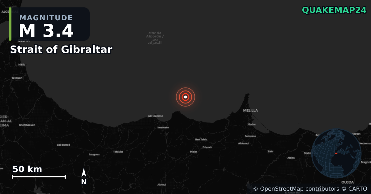 M3.4 earthquake near Strait of Gibraltar on Sep 8, 2025 — map of epicenter and shaking intensity | QuakeMap24