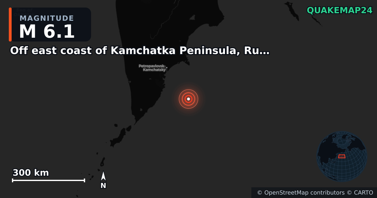 Off east coast of Kamchatka Peninsula, Russia [Sea: Russia] yakınında M6,1 deprem — Deprem merkez üssünün konumunu gösteren harita
