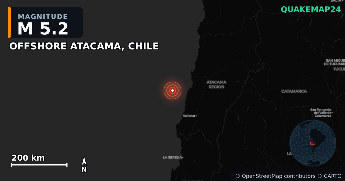 Sismo de M5,2 perto de OFFSHORE ATACAMA, CHILE — Mapa da localização do epicentro