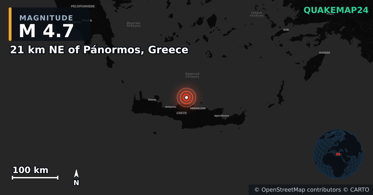 M4.7 earthquake near 21 km NE of Pánormos, Greece on Nov 27, 2025 — map of epicenter and shaking intensity | QuakeMap24