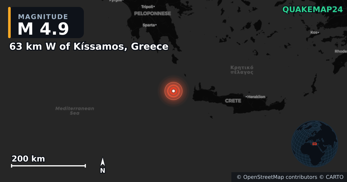 M4.9 Earthquake near 63 km W of Kíssamos, Greece · 2025-11-11 — Map showing the location of the epicenter