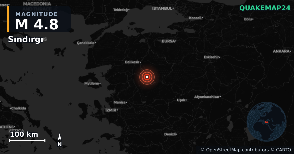 M4.8 earthquake near Sındırgı on Nov 10, 2025 — map of epicenter and shaking intensity | QuakeMap24