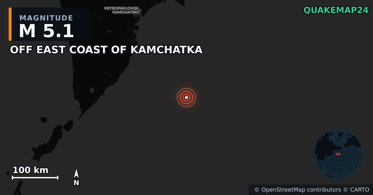 M5.1 earthquake near OFF EAST COAST OF KAMCHATKA on Oct 5, 2025 — map of epicenter and shaking intensity | QuakeMap24