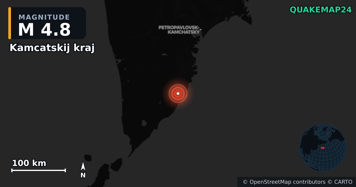 M4.8 earthquake near Kamcatskij kraj on Aug 11, 2025 — map of epicenter and shaking intensity | QuakeMap24