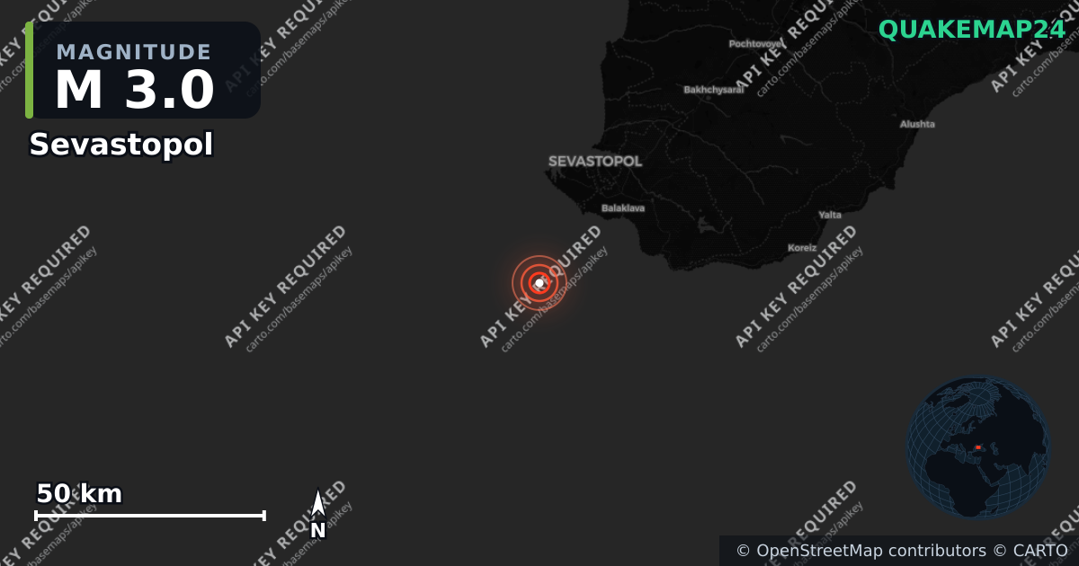 M3.0 earthquake near Sevastopol on Aug 25, 2026 — map of epicenter and shaking intensity | QuakeMap24