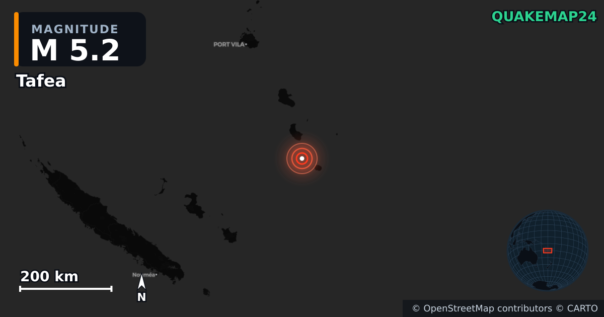 M5.2 earthquake near Tafea on Aug 20, 2026 — map of epicenter and shaking intensity | QuakeMap24