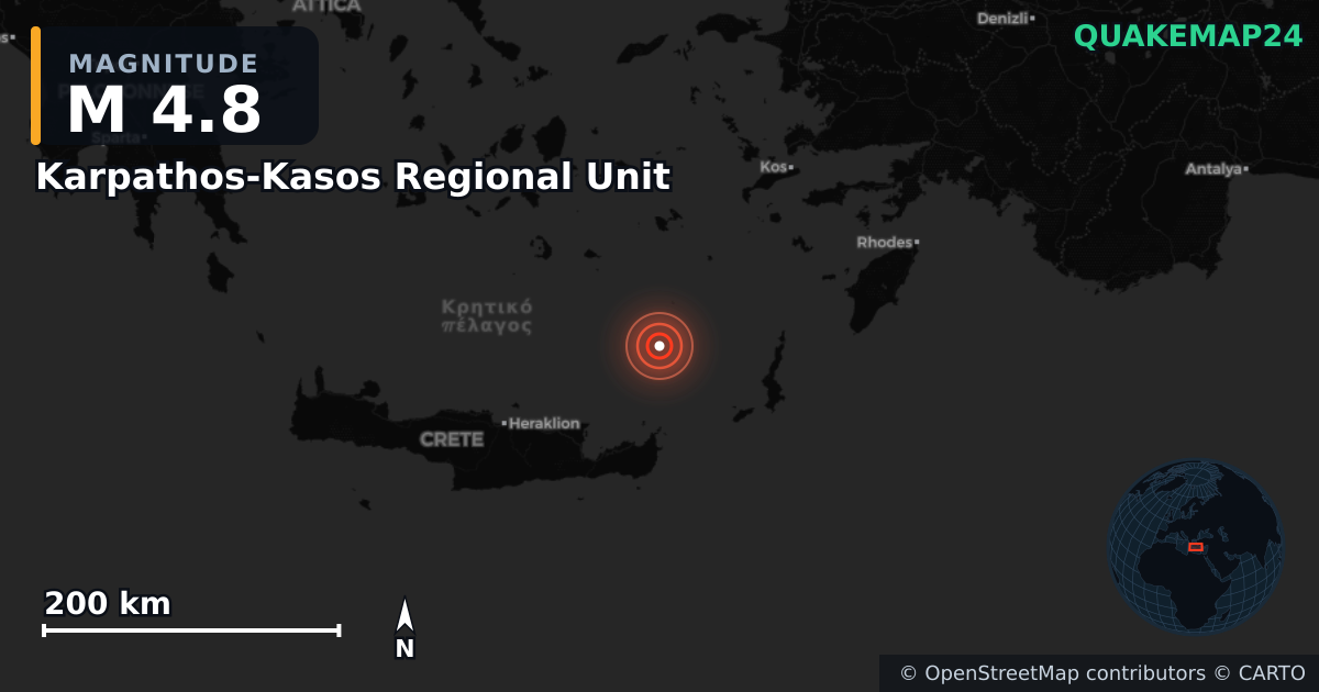 M4.8 earthquake near Karpathos-Kasos Regional Unit on Feb 18, 2025 — map of epicenter and shaking intensity | QuakeMap24