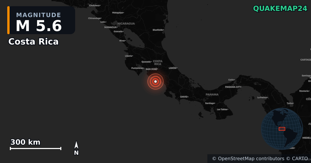 M5.6 earthquake near Costa Rica on Oct 22, 2025 — map of epicenter and shaking intensity | QuakeMap24