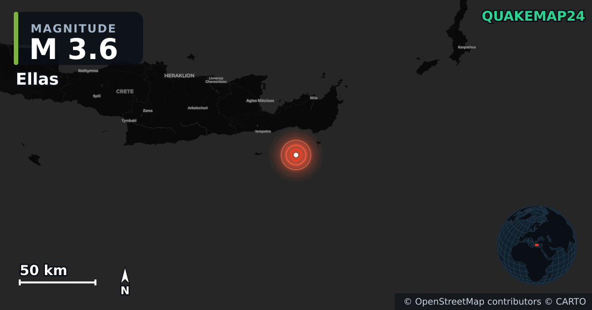 M3.6 earthquake near Ellas on Apr 25, 2026 — map of epicenter and shaking intensity | QuakeMap24