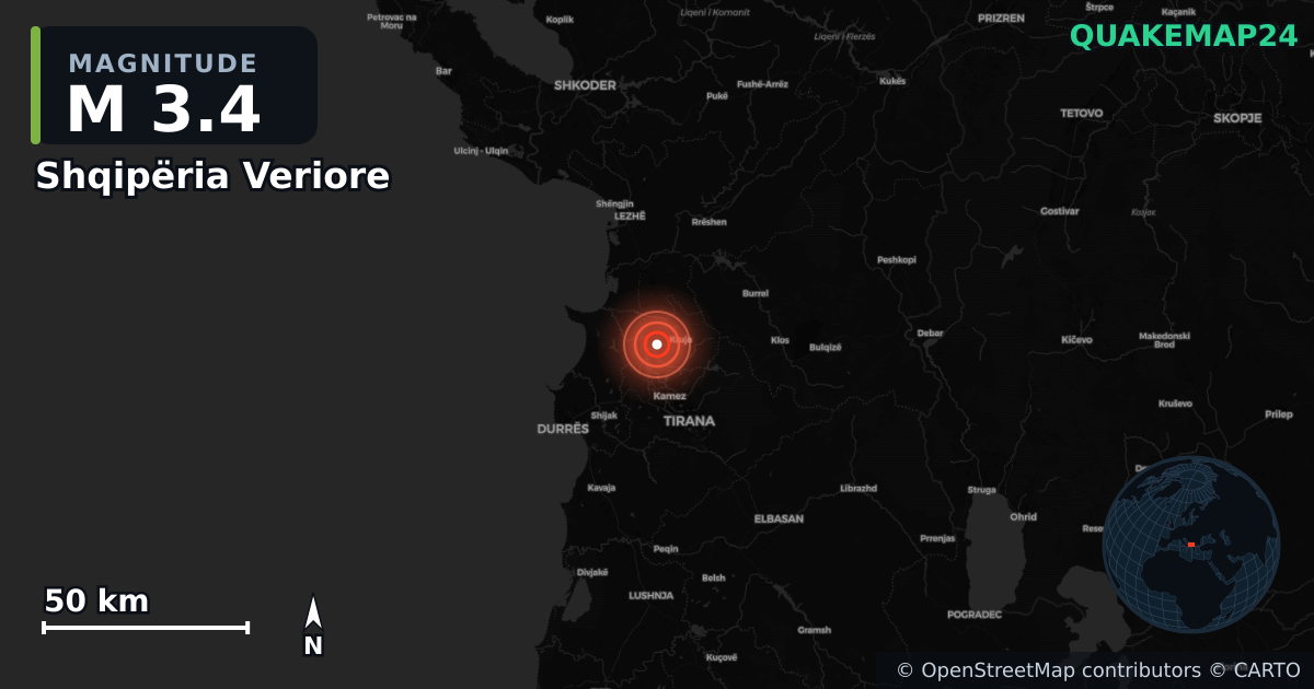 M3.4 earthquake near Shqipëria Veriore on Jun 24, 2025 — map of epicenter and shaking intensity | QuakeMap24