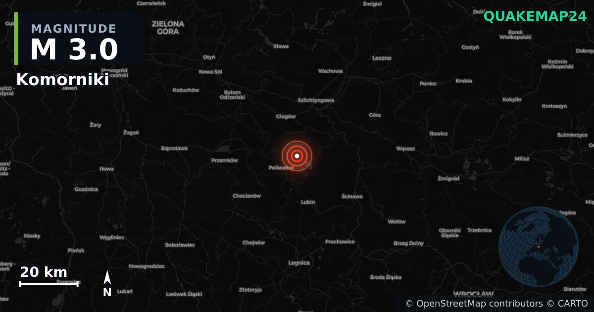 M3.0 earthquake near Komorniki on Aug 23, 2026 — map of epicenter and shaking intensity | QuakeMap24