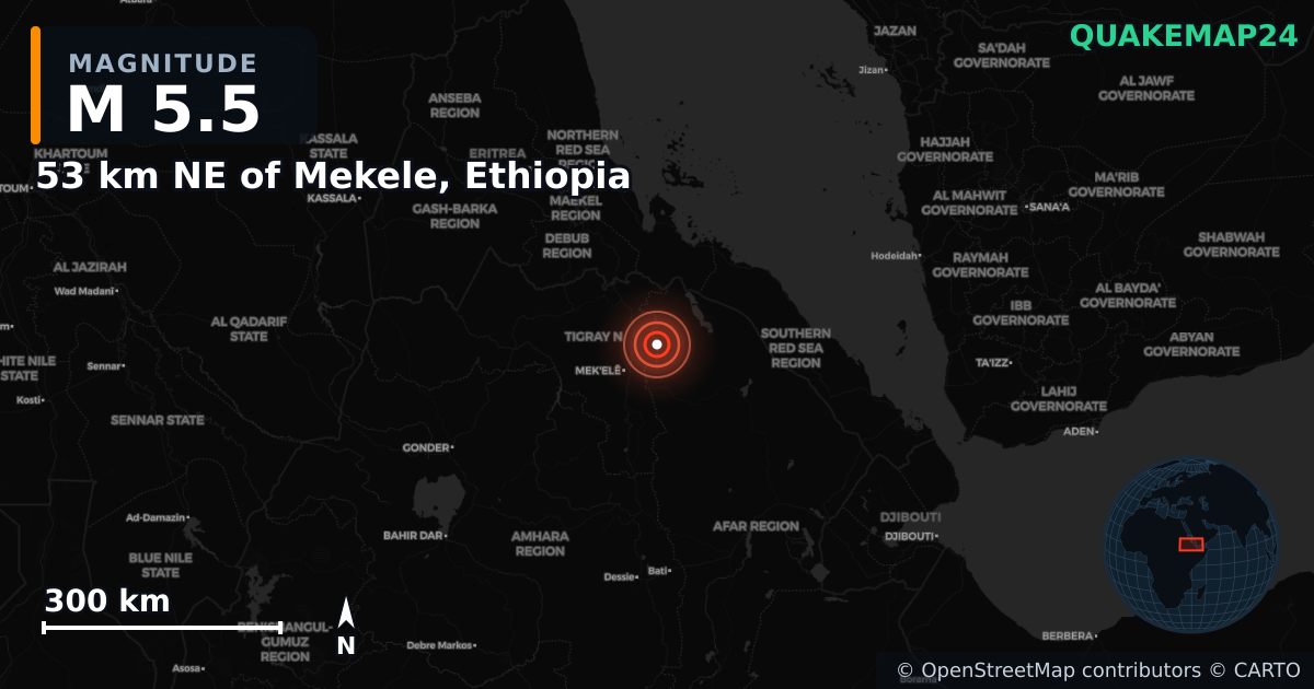 M5.5 earthquake near 53 km NE of Mekele, Ethiopia on Oct 11, 2025 — map of epicenter and shaking intensity | QuakeMap24