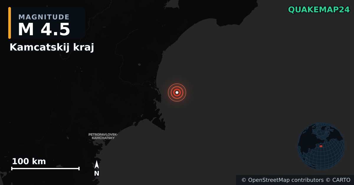 M4.5 earthquake near Kamcatskij kraj on Sep 13, 2025 — map of epicenter and shaking intensity | QuakeMap24
