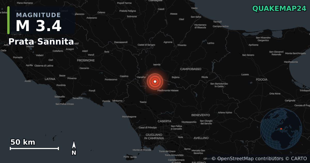 Erdbeben M3,4 bei Prata Sannita, Campania (Italien) · 2026-10-18 — Karte der Lage des Epizentrums