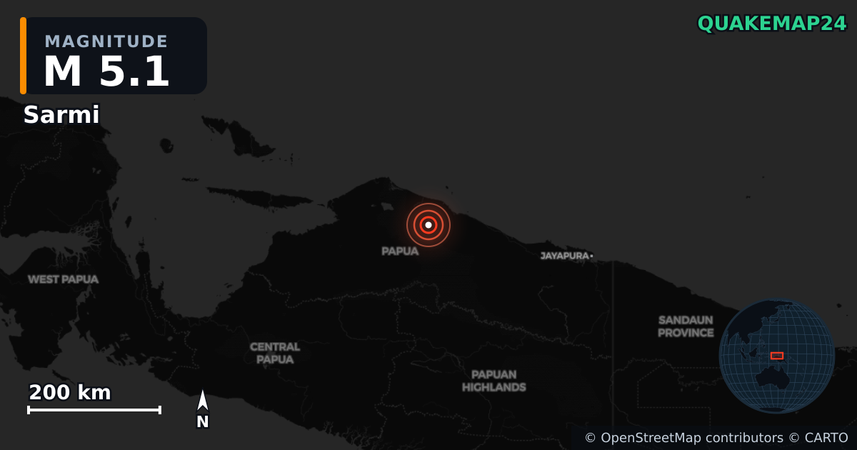 M5.1 earthquake near Sarmi on Jun 1, 2026 — map of epicenter and shaking intensity | QuakeMap24