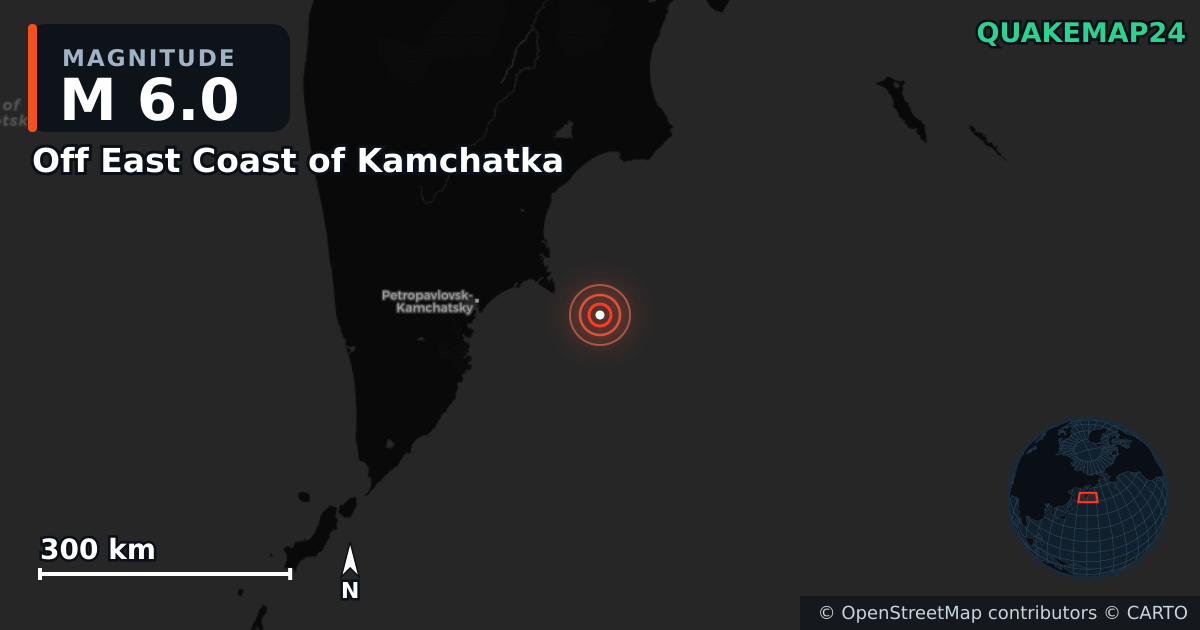 M6.0 earthquake near Off East Coast of Kamchatka on Jul 20, 2025 — map of epicenter and shaking intensity | QuakeMap24