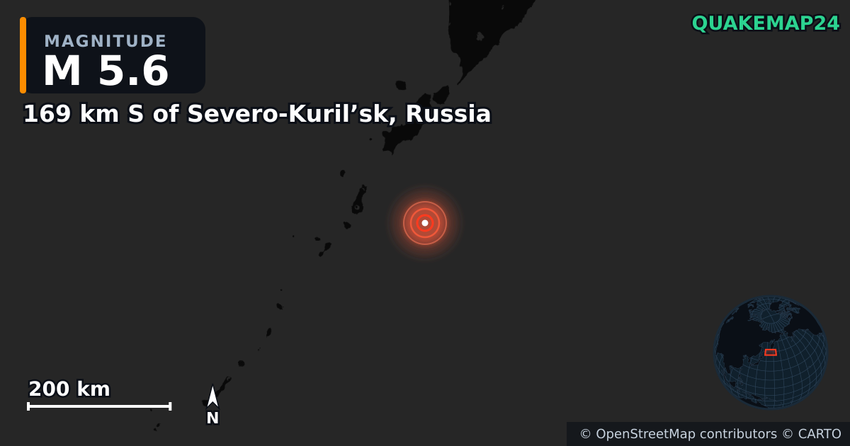 169 km S of Severo-Kuril’sk, Russia yakınında M5,6 deprem — Deprem merkez üssünün konumunu gösteren harita
