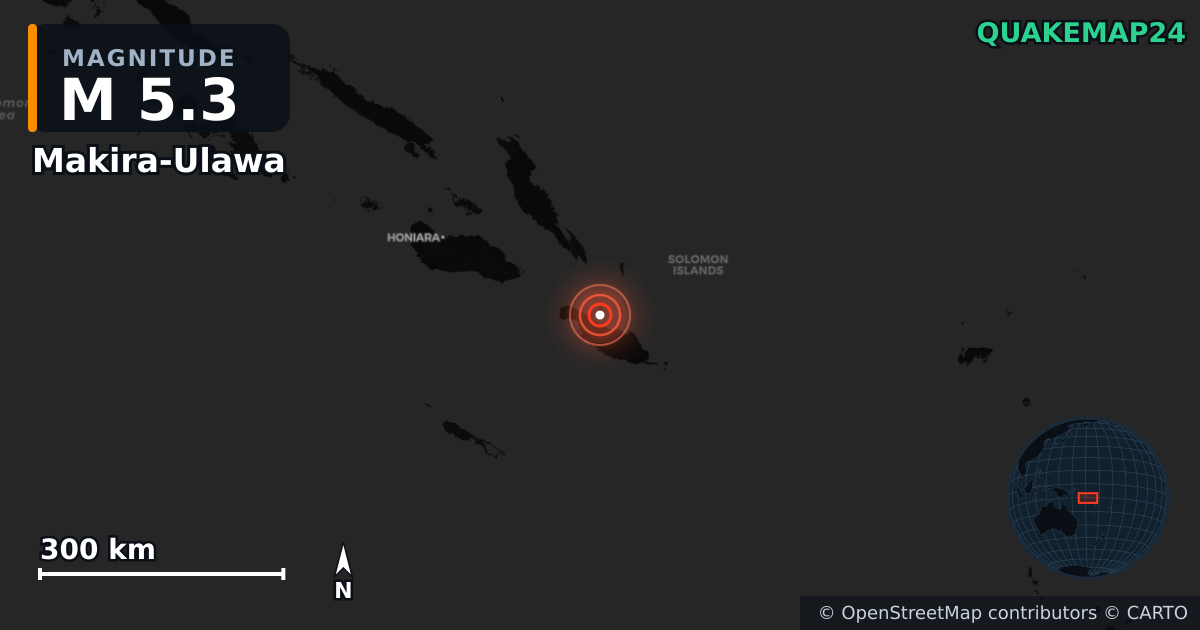 M5.3 earthquake near Makira-Ulawa on Oct 23, 2025 — map of epicenter and shaking intensity | QuakeMap24