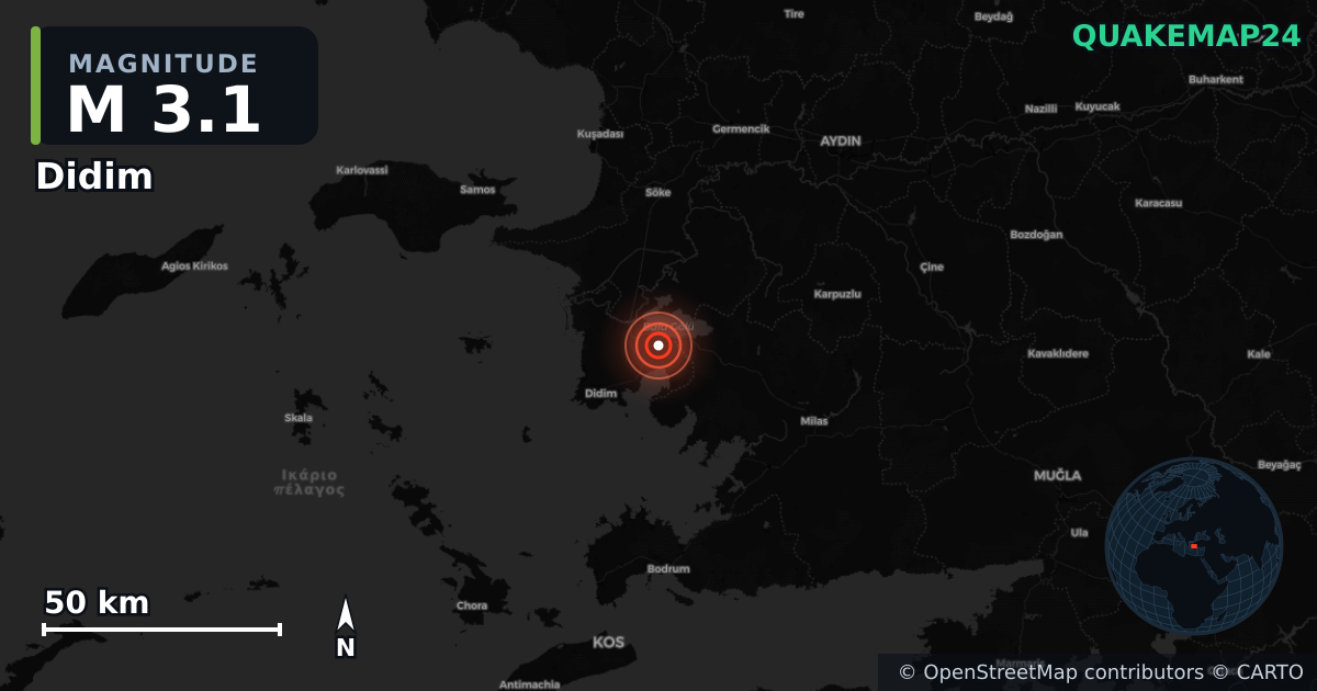 M3.1 earthquake near Didim on Aug 26, 2025 — map of epicenter and shaking intensity | QuakeMap24