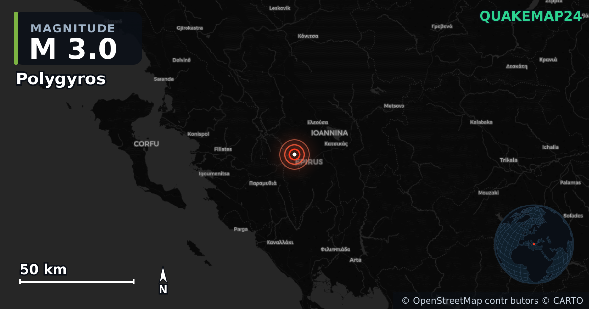 M3.0 earthquake near Polygyros on Apr 7, 2026 — map of epicenter and shaking intensity | QuakeMap24