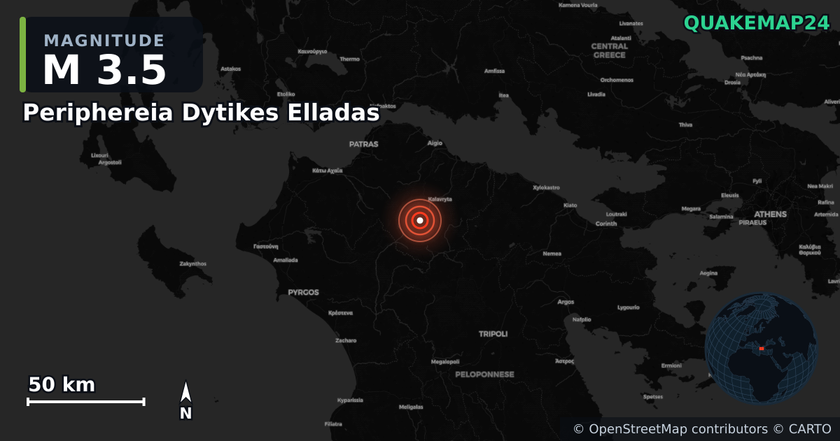 M3.5 earthquake near Periphereia Dytikes Elladas on Dec 6, 2025 — map of epicenter and shaking intensity | QuakeMap24