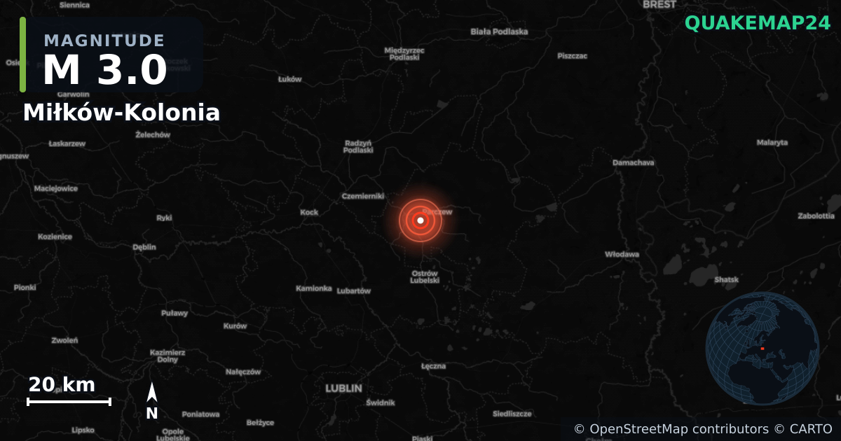 M3.0 earthquake near Miłków-Kolonia on Jan 14, 2026 — map of epicenter and shaking intensity | QuakeMap24