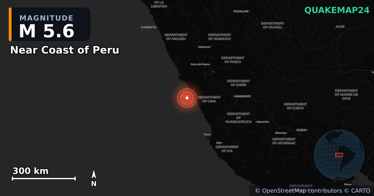 M5.6 earthquake near Near Coast of Peru on Jun 15, 2025 — map of epicenter and shaking intensity | QuakeMap24