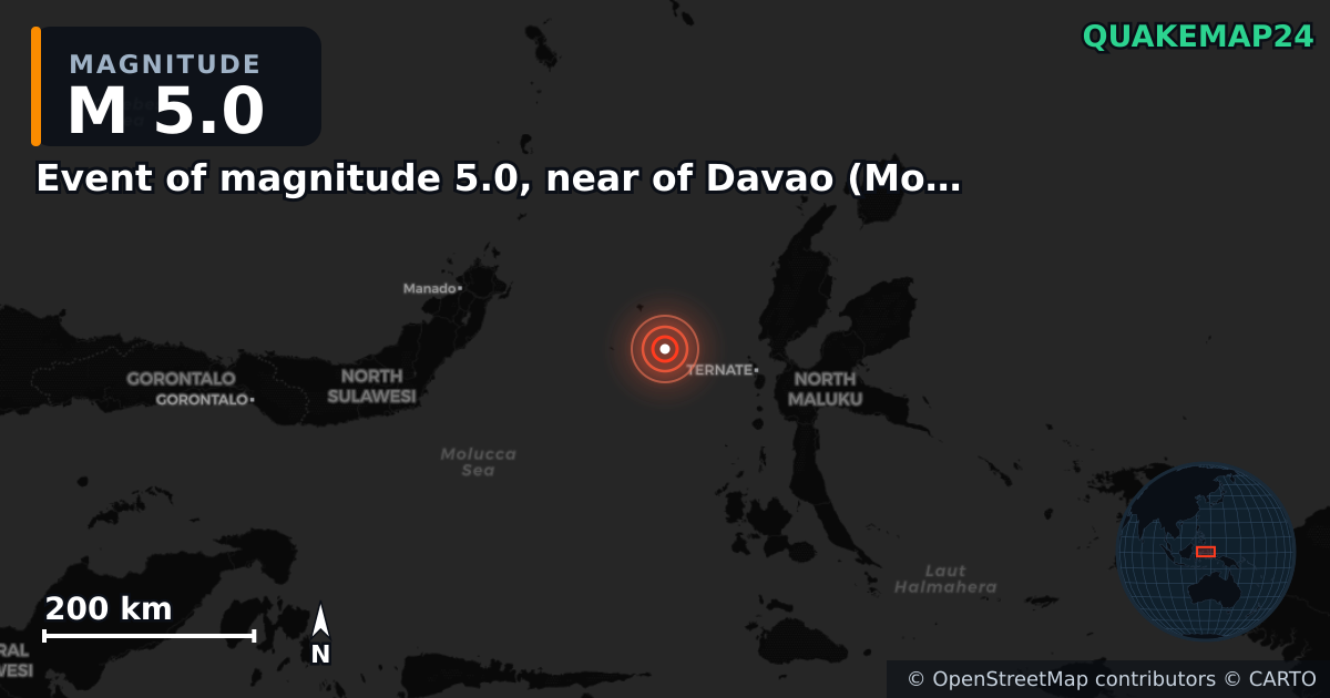 Erdbeben M5,0 bei Event of magnitude 5.0, near of Davao (Monde) — Karte der Lage des Epizentrums