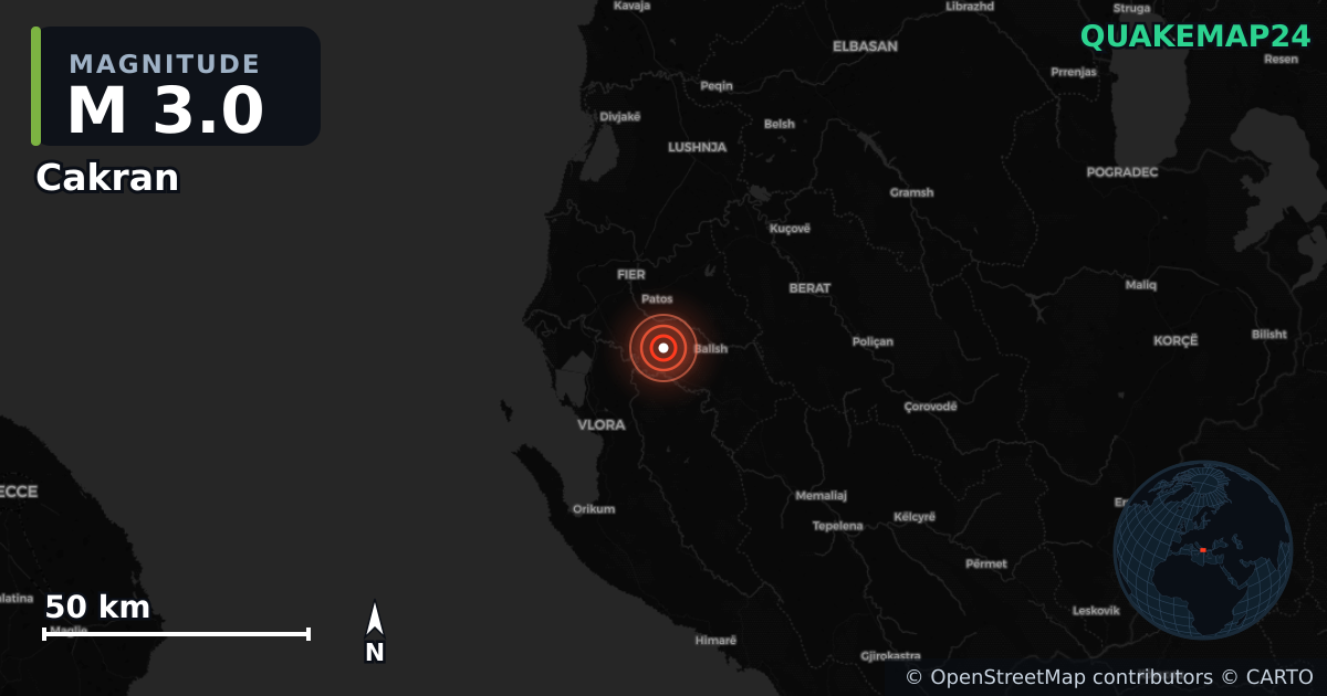 M3.0 earthquake near Cakran on May 26, 2026 — map of epicenter and shaking intensity | QuakeMap24
