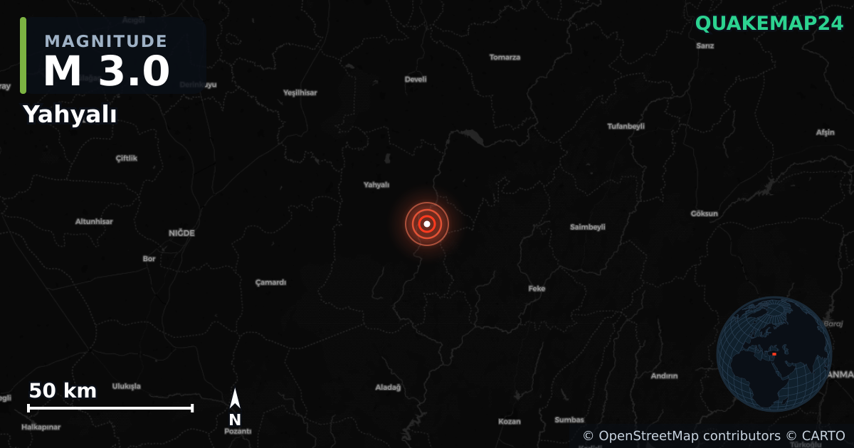 M3.0 earthquake near Yahyalı on Feb 15, 2026 — map of epicenter and shaking intensity | QuakeMap24