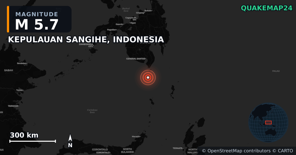 M5.7 earthquake near KEPULAUAN SANGIHE, INDONESIA on Jun 8, 2026 — map of epicenter and shaking intensity | QuakeMap24