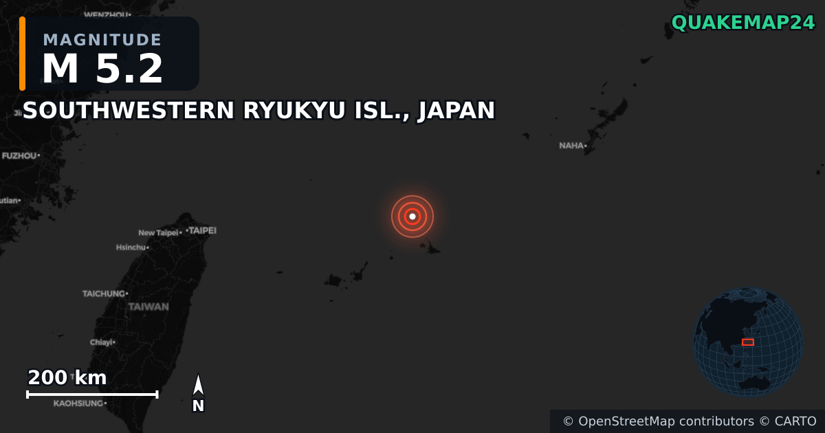 M5.2 earthquake near SOUTHWESTERN RYUKYU ISL., JAPAN on Feb 27, 2026 — map of epicenter and shaking intensity | QuakeMap24