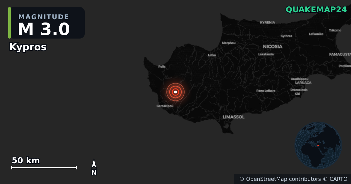M3.0 earthquake near Kypros on Nov 14, 2025 — map of epicenter and shaking intensity | QuakeMap24