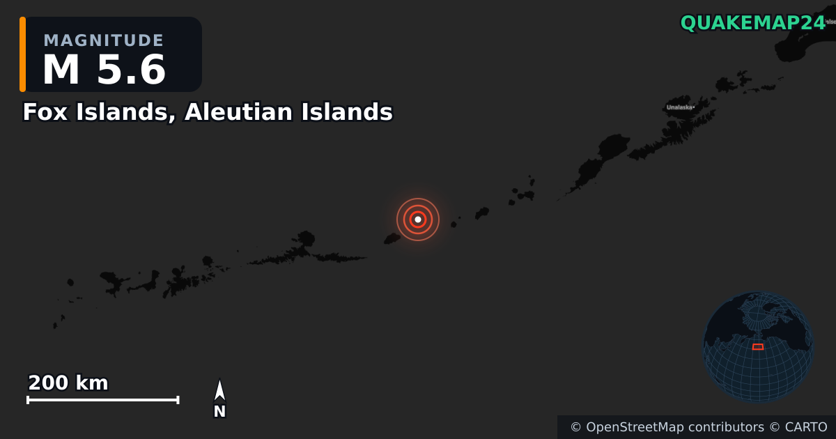 M5.6 earthquake near Fox Islands, Aleutian Islands on May 22, 2026 — map of epicenter and shaking intensity | QuakeMap24