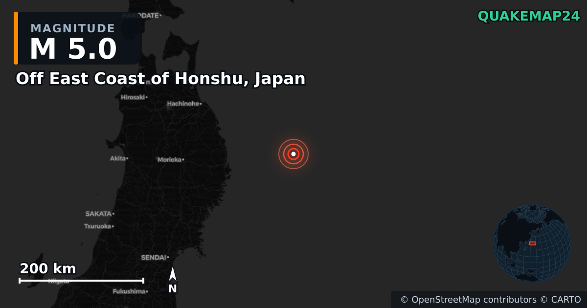 M5.0 earthquake near Off East Coast of Honshu, Japan on Dec 19, 2025 — map of epicenter and shaking intensity | QuakeMap24
