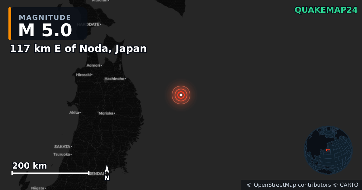 M5.0 Earthquake near 117 km E of Noda, Japan — Map showing the location of the epicenter