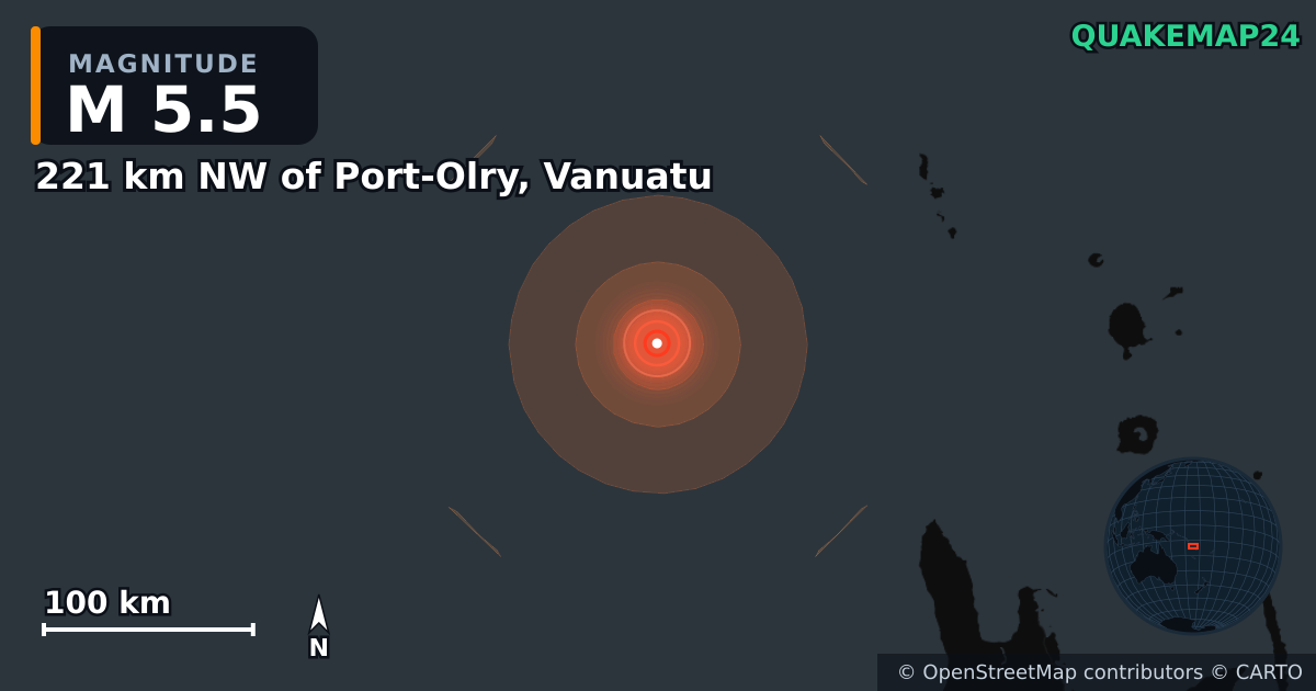 Terremoto de M5,5 cerca de 221 km NW of Port-Olry, Vanuatu · 2026-10-28 — Mapa de la ubicación del epicentro