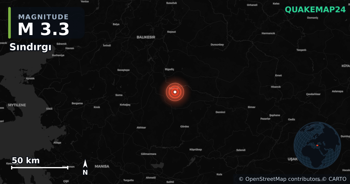 M3.3 earthquake near Sındırgı on Aug 17, 2025 — map of epicenter and shaking intensity | QuakeMap24
