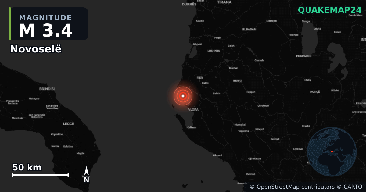 M3.4 earthquake near Novoselë on May 29, 2026 — map of epicenter and shaking intensity | QuakeMap24