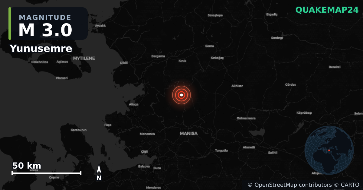 M3.0 earthquake near Yunusemre on Oct 29, 2025 — map of epicenter and shaking intensity | QuakeMap24