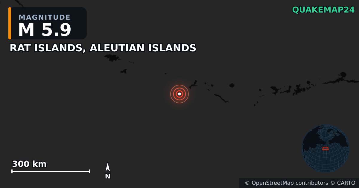 M5.9 earthquake near RAT ISLANDS, ALEUTIAN ISLANDS on Jan 15, 2026 — map of epicenter and shaking intensity | QuakeMap24