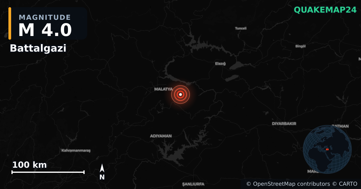 Sismo de M4,0 perto de Battalgazi, Malatya (Turquia) · 2026-06-25 — Mapa da localização do epicentro