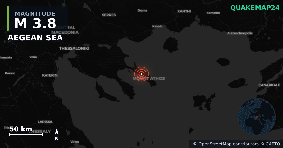 M3.8 earthquake near AEGEAN SEA on Aug 12, 2025 — map of epicenter and shaking intensity | QuakeMap24