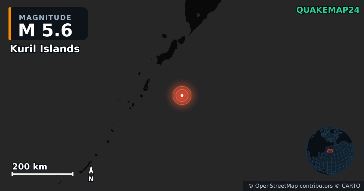 M5.6 earthquake near Kuril Islands on Jul 30, 2025 — map of epicenter and shaking intensity | QuakeMap24