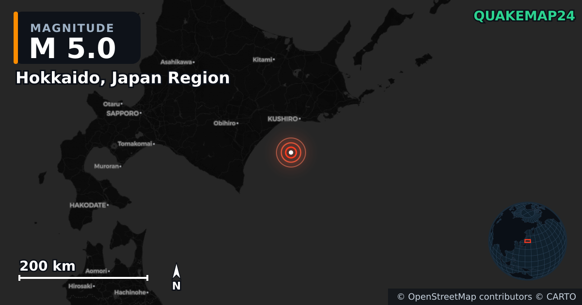 M5.0 earthquake near Hokkaido, Japan Region on Nov 26, 2025 — map of epicenter and shaking intensity | QuakeMap24