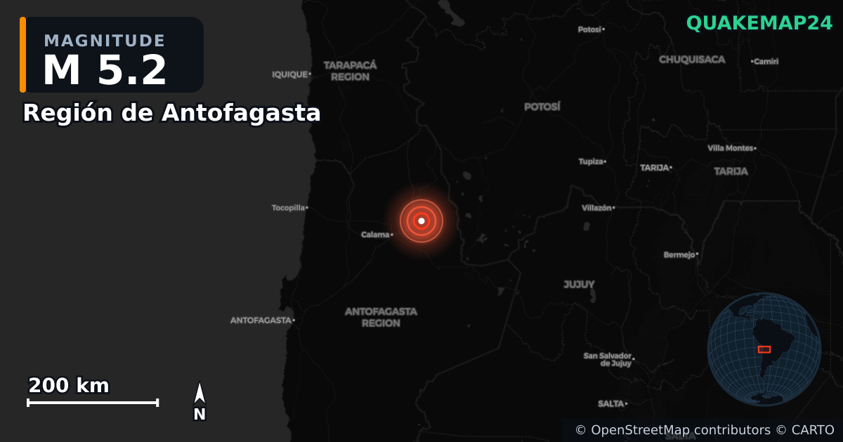 M5.2 earthquake near Región de Antofagasta on Jul 24, 2025 — map of epicenter and shaking intensity | QuakeMap24