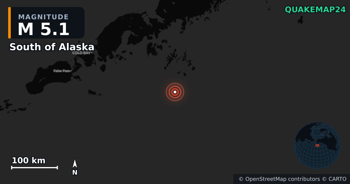 M5.1 earthquake near South of Alaska on Sep 6, 2025 — map of epicenter and shaking intensity | QuakeMap24